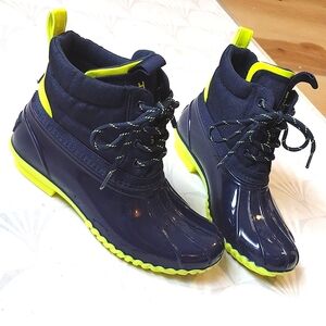 Tommy Hilfiger Navy and Neon Yellow Womens Winter Rain Boots